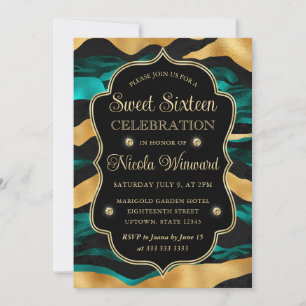 Convites Listra de Tigre Dourado Turquesa Glam Sweet 16