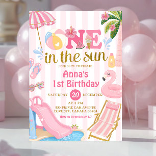 Convites Listra Rosa Um ao sol Festa na Piscina Aniversário