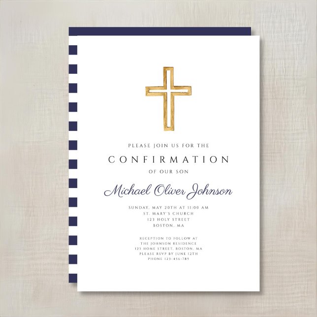 Convites Listras Azuis Marinho Cruz Religiosa Confirmação M (Navy Blue Stripes Religious Cross Boy Confirmation Invitation)
