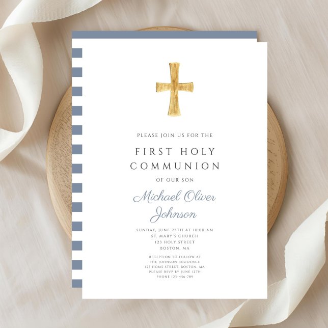 Convites Listras Azuis Modernas Cruz Menino Primeira Comunh (Modern Blue Stripes Cross Boy First Communion Invitation )