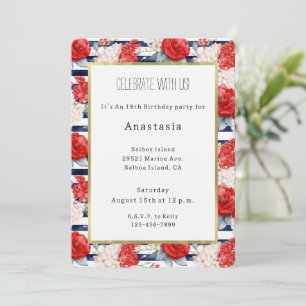 Convites Listras Azuis Vermelho Branco Floral Aniversário
