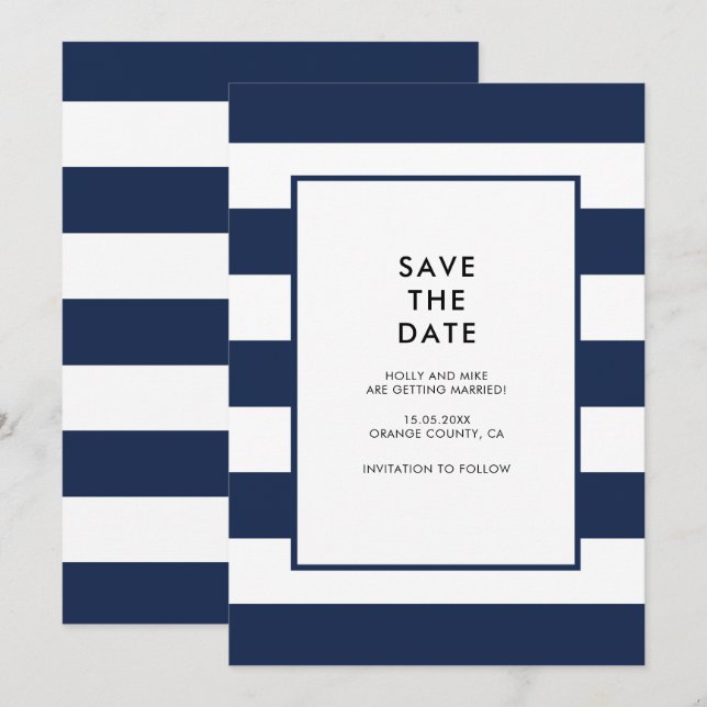 Convites Listras Brancas da Marinha Chic Simples Moderno Mi (Frente/Verso)
