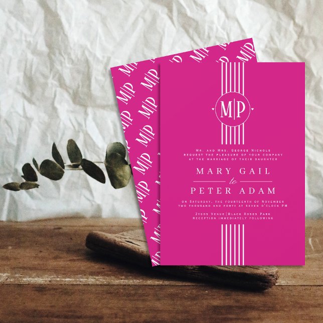 Convites Listras brancas e iniciais do casamento magenta (Criador carregado)