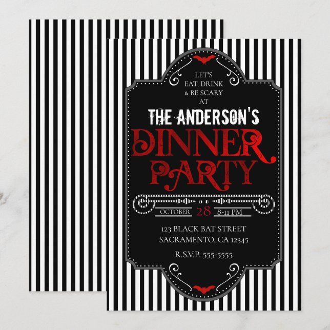 Convites Listras Brancas Pretas Jantar Gótico Vermelho (Frente/Verso)