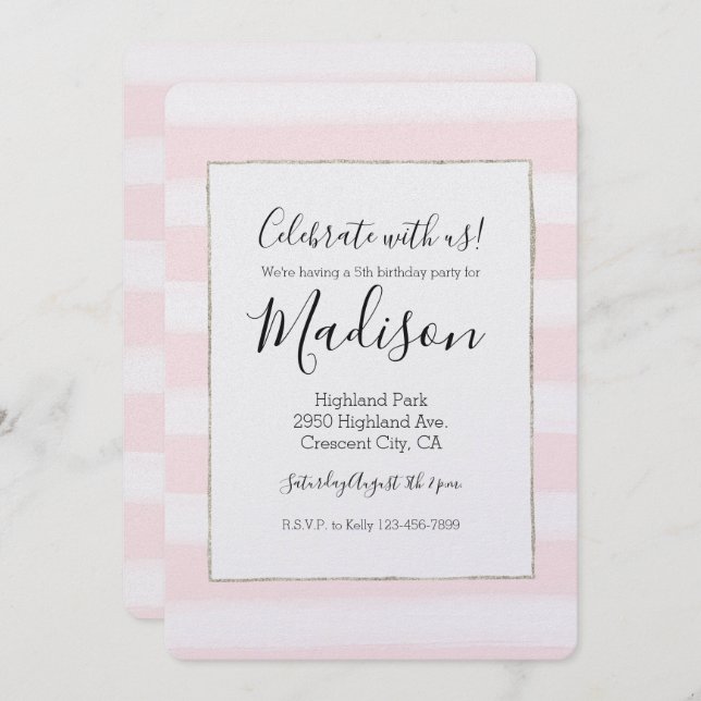 Convites Listras Brancas Rosa Suave Aquarela Aniversário (Frente/Verso)
