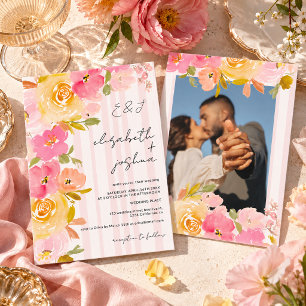 Convites Listras cor-de-rosa amarelo floral foto casamento