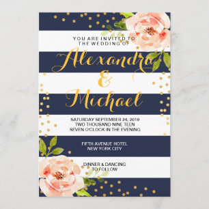 Convites Listras de azuis marinhos florais & pontos da