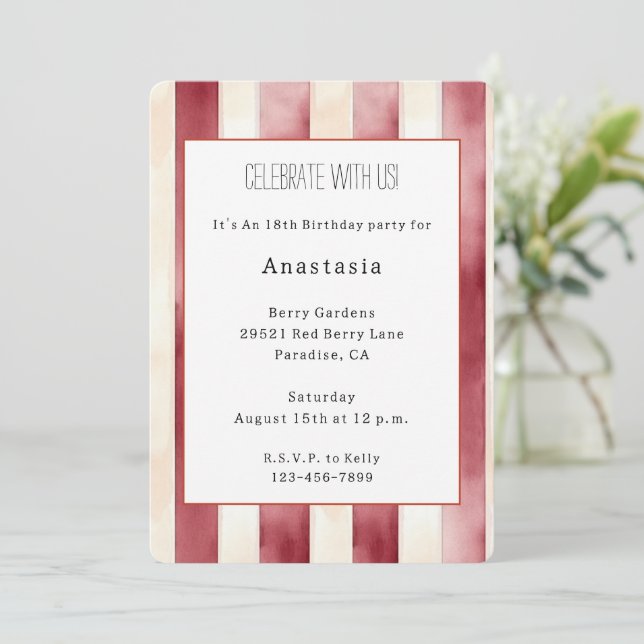 Convites Listras de Creme Vermelho Borgonha Aniversário (Em pé/Frente)