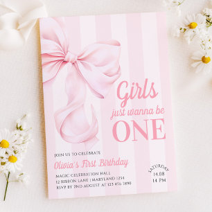 Convites Listras de Laço Rosa Primeiro Aniversário