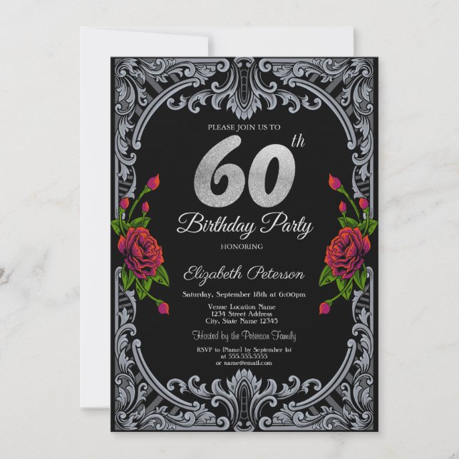 Convites Listras de Rosas Vermelhas Elegantes Gótico Aniver (Frente)