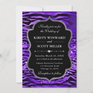 Convites Listras de Tigre Roxo Brilho Glam Casamento