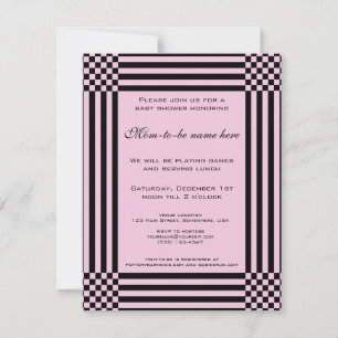 Convites Listras de Xadrez Preto e Rosa Baby Shower