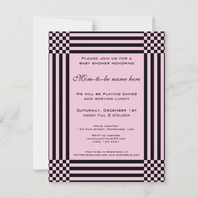 Convites Listras de Xadrez Preto e Rosa Baby Shower (Frente)