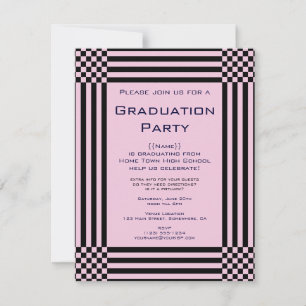Convites Listras de Xadrez Preto e Rosa Festa de Graduação