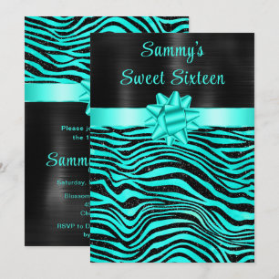 Convites Listras de Zebra Turquesa e Preto Sweet Sixteen