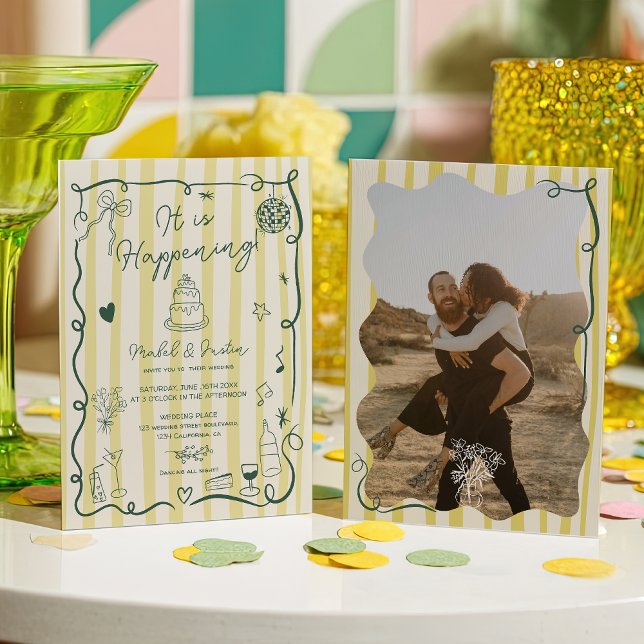 Convites Listras desenhadas à mão com verde cítrico foto ca (Citrus Green hand drawn Stripes photo wedding Invitation)