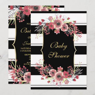 Convites Listras Elegantes Floral Banho de Bebê em Aquarela