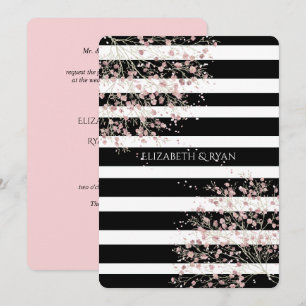 Convites Listras elegantes, preto e branco, flor de