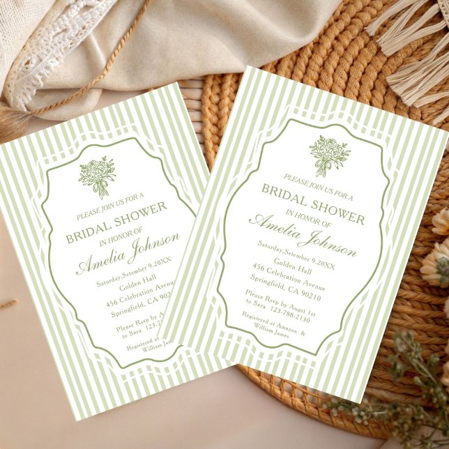 Convites Listras em Verde Salvia Boho Floral Chá de Bebê de (Criador carregado)