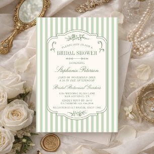 Convites Listras em Verde Salvia Floral Vintage Chá de Bebê