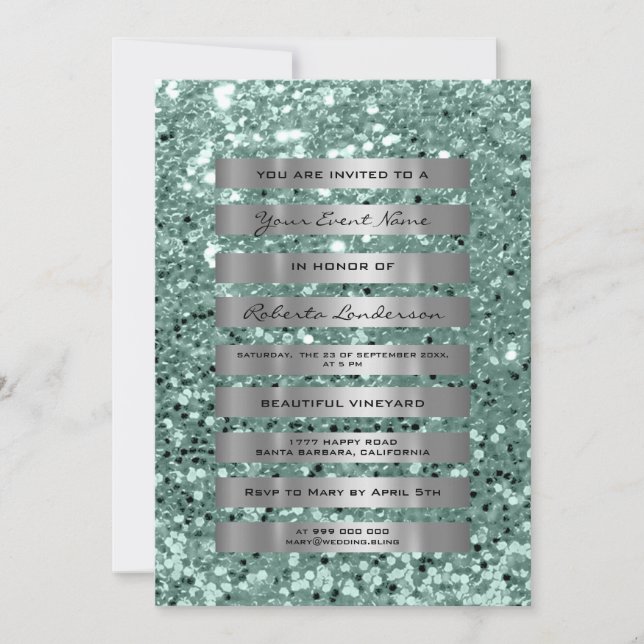Convites Listras Glitter Prata Cinza Verde Pastel Menta (Frente)