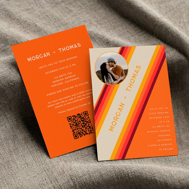 Convites Listras Laranja Queimada Retro 70s 80s Código QR C (Front / Back)