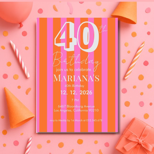 Convites Listras Laranja Rosa Moderno 40º Aniversário (Criador carregado)