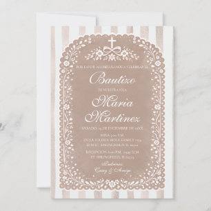 Convites Listras Marrons Floral Espanhol Bautizo Talavera