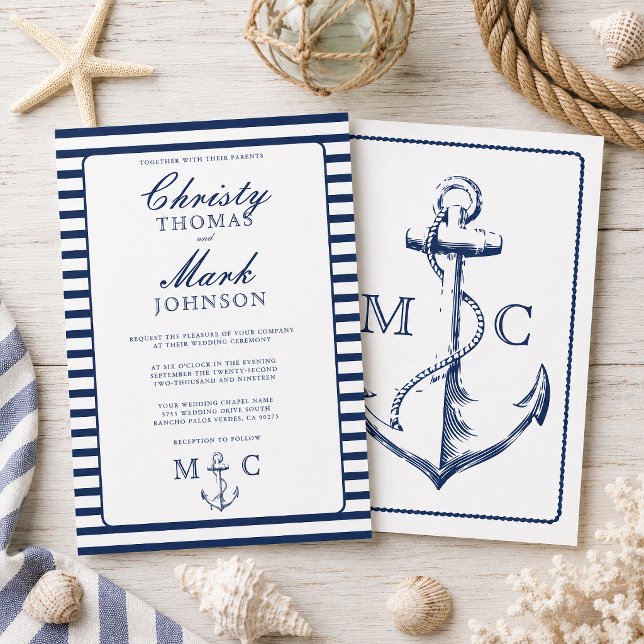 Convites Listras Náuticas Âncora de Casamento Naval (This wedding nautical themed invitation is inspired by classic anchors and stripes.
)