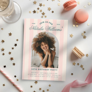 Convites Listras Preppy Aniversário de 30 anos Foto Rosa 