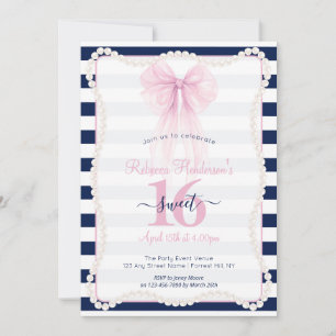 Convites Listras Preppy Laço Rosa Pérolas Sweet 16
