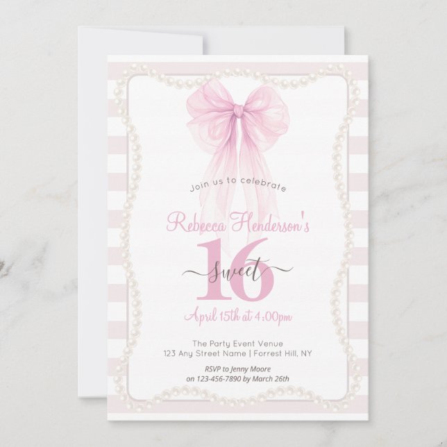 Convites Listras Preppy Laço Rosa Pérolas Sweet 16 (Frente)