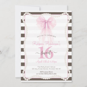 Convites Listras Preppy Laço Rosa Pérolas Sweet 16