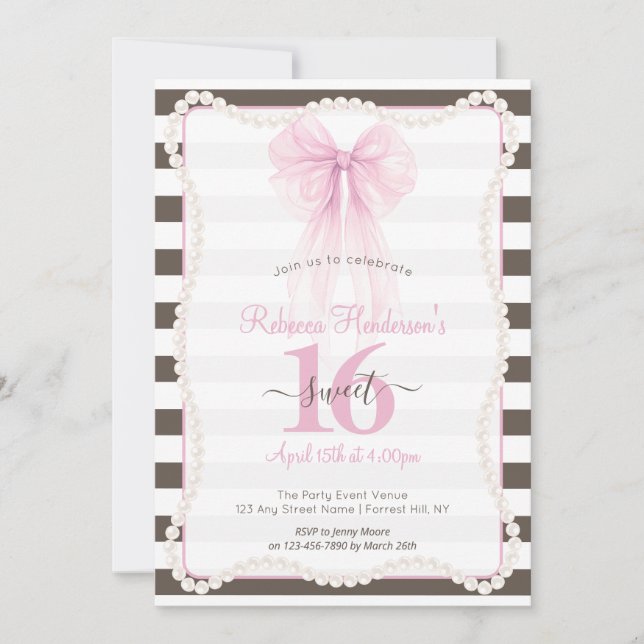 Convites Listras Preppy Laço Rosa Pérolas Sweet 16 (Frente)
