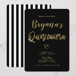 Convites Listras Pretas e Brancas Dourado Chic 15 Quinceañe