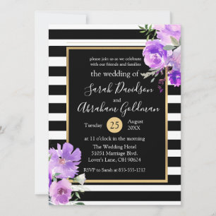Convites Listras Pretas e Brancas Flores Rosas Casamento