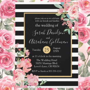Convites Listras Pretas e Brancas Flores Rosas Casamento 