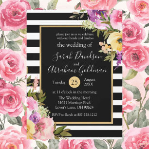 Convites Listras Pretas e Brancas Flores Rosas Casamento 