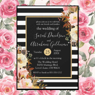 Convites Listras Pretas e Brancas Flores Rosas Casamento 