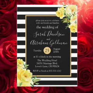 Convites Listras Pretas e Brancas Flores Rosas Casamento 