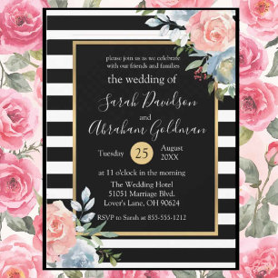 Convites Listras Pretas e Brancas Flores Rosas Casamento 