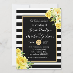 Convites Listras Pretas e Brancas Flores Rosas Casamento