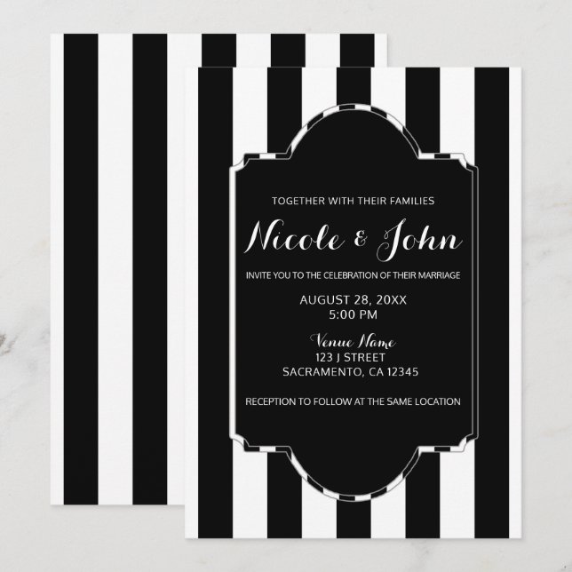 Convites Listras Pretas e Brancas Moderno Chic Elegante Cas (Frente/Verso)