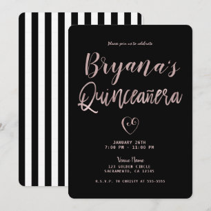 Convites Listras Preto e Branco Rosa Dourado 15 Quinceañera
