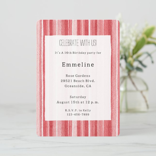 Convites Listras Rosa Bege Branco Vermelho Aniversário (Em pé/Frente)