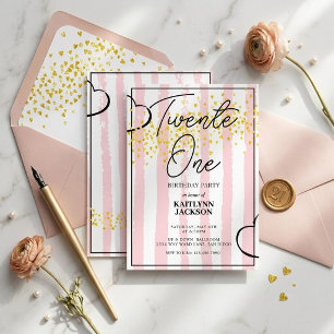 Convites Listras Rosa Confete Dourado Corações Aniversário