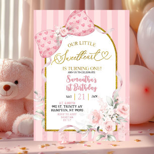 Convites Listras Rosa Coquete Primeiro Aniversário