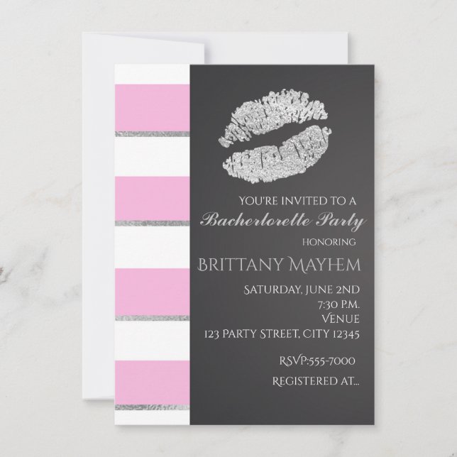 Convites Listras Rosa e Branco Lábios de Prata Beijo Festa (Frente)