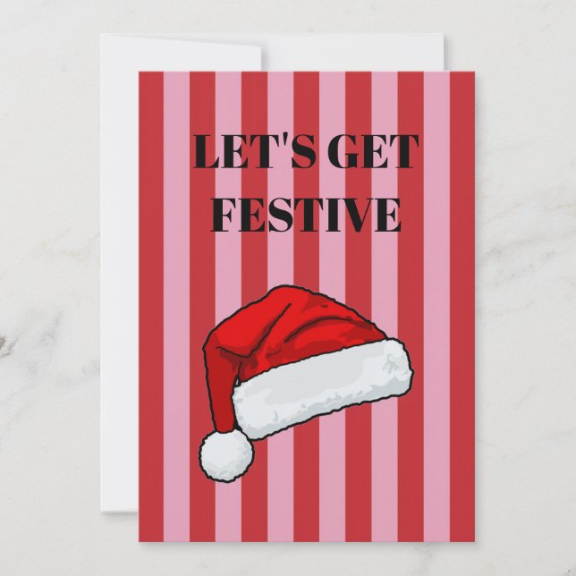 Convites Listras rosa e vermelha e chapéu de Natal (Frente)