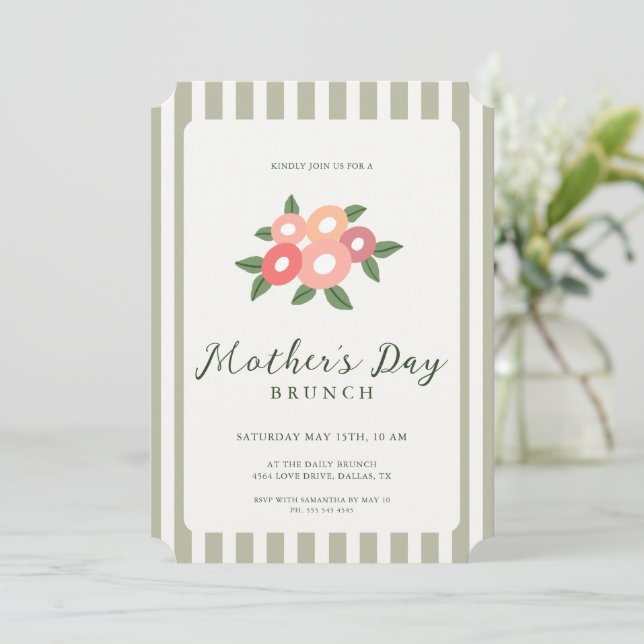 Convites Listras Simples Floral Brunch do Dia das Mães (Em pé/Frente)